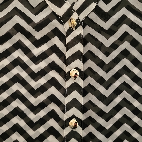 Bongo Womens Sheer Size Large Pullover Blouse Black White Herringbone Pattern - Picture 7 of 13